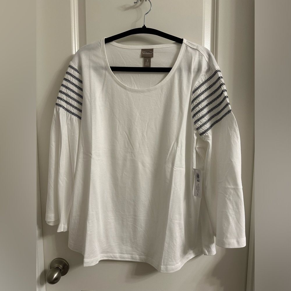 Chico’s Smocked‎ Wide 3/4 Sleeve Top Size 3 Pullover Scoop Neck Color White